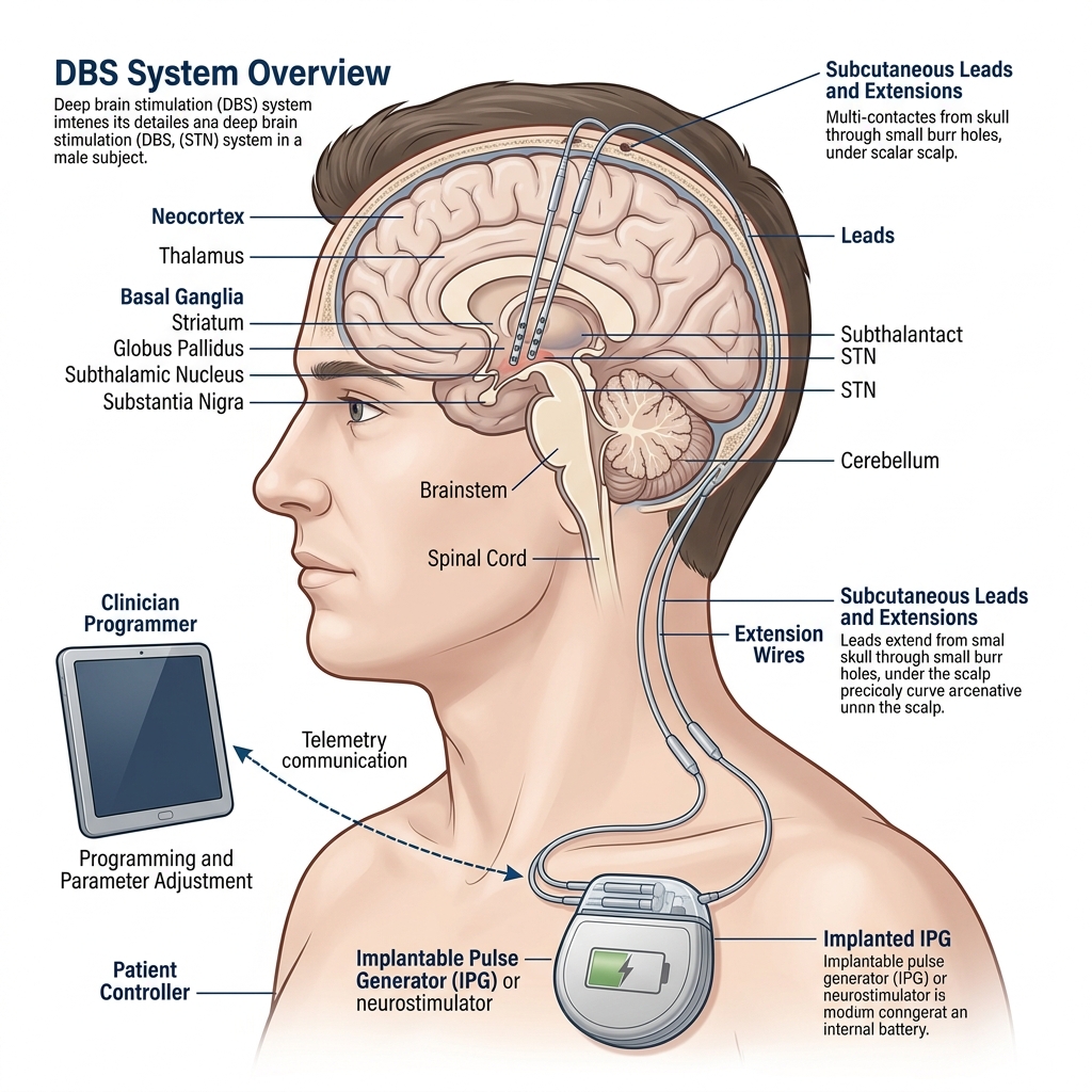 Deep Brain Stimulation (DBS) Device and Target Brain Anatomy Diagram